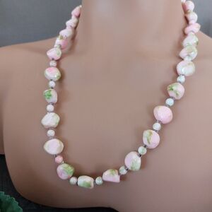 Vintage Pastel Pink Green Bead Necklace 24" Plastic